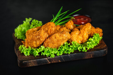 Fast food. Breaded chicken nuggets.Chicken wings fried until half cooked, semi-finished product.Semi-finished chicken wings on a dark background with fresh herbs. Half-finished.Quick cooking at home