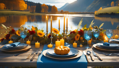 Fototapeta premium Autumn outdoor banquet table, autumn harvest season, holiday party, 