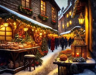 winter gastronomy on the streets of the medieval city center with all its christmas decorations and a fair selling souvenirs, mirrors, vases, bouquets, carved and lanterns.