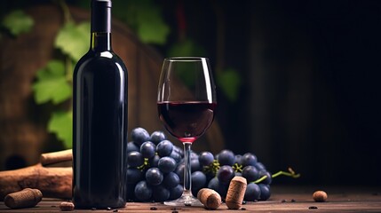 Bottle of wine with grapes and half filled glass on the table 