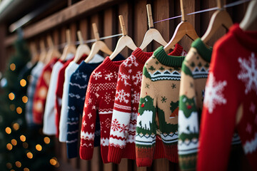 A selection of ugly christmas jumpers hanging on a rail at a christmas market