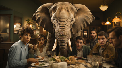 Group of Family and Friends At The Dinner Table Ignoring The Elephant in the Room. Generative AI. - obrazy, fototapety, plakaty