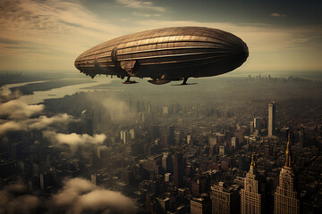 Zeppelin over big city with skyscrapers, flight, flying zeppelin