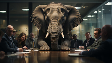 Board Meeting With Several Staff Members Ignoring The Large Elephant In The Room. Generative AI. - obrazy, fototapety, plakaty