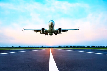passenger plane flies over the runway. air transport industry - 675574826