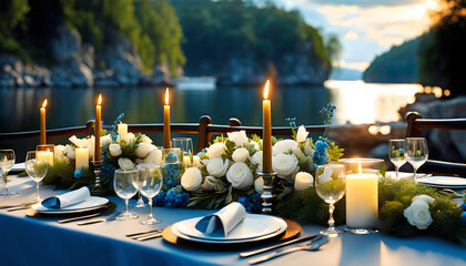 Autumn outdoor banquet table, autumn harvest season, holiday party, - obrazy, fototapety, plakaty
