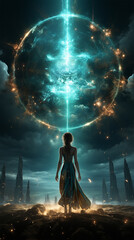 beautiful woman back view in front of a fantasy night scenery with a huge glowing ring of light in the cloudy sky. Gothic and fantasy fiction mood. Vertical poster for book and smartphone display