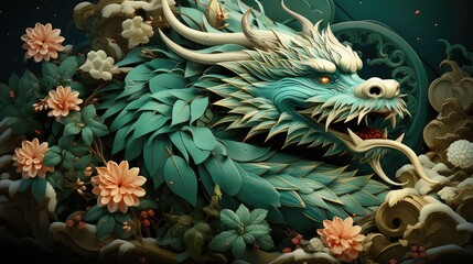 Fototapeta na wymiar Fantastic illustration with a big green dragon head. AI generating