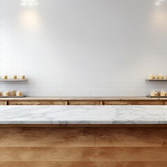 Empty marble counter over subway tile wall background, clean bright product display