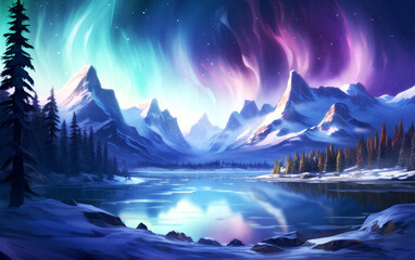 Fototapeta na wymiar Stunning Dreamlike Aurora Borealis over Snowy Mountains