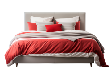 Modern bed with red elements on transparent background.