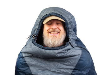 bearded man in a sleeping bag on a white background. equipment for recreation in tourism and travel