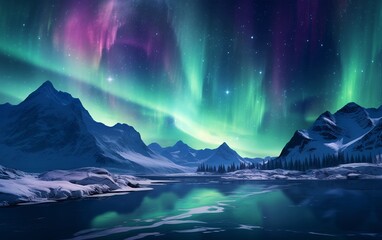 Naklejka premium Aurora Borealis and Snowy Mountains in Night Sky