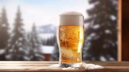 Glass of beer on wooden table in winter 