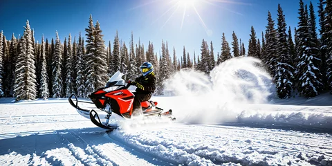 Fotobehang Man on red snowmobile with forest background wide image © AlexArty
