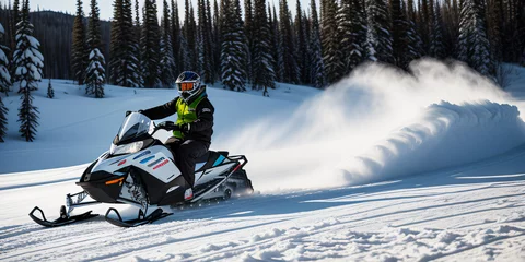 Fotobehang Man on sport snowmobile in motion wide image © AlexArty