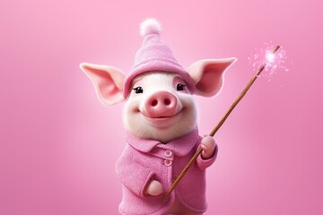 pig dressed as a fairy with a magic wand on pink background