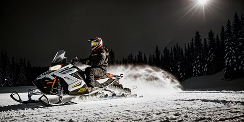 Fotobehang Man on sport snowmobile at night light wide image © AlexArty