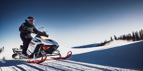 Man on sport snowmobile in motion wide image