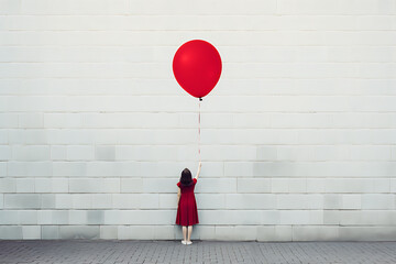girl in red having a red balloon, balloon, symbol, red balloon, child with balloon