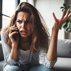 Angry woman complaining and shouting loudly on the phone with company at home, people concept, generative ai