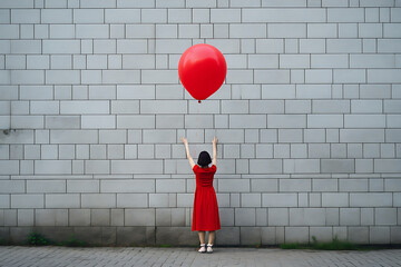 girl in red having a red balloon, balloon, symbol, red balloon, child with balloon