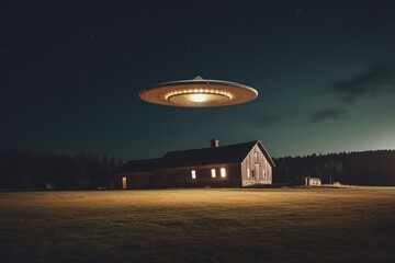 Large flying saucer hovered in the night sky over a farm. UFO. Unidentified object