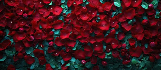 In the beautiful realm of nature a carpet of red petals decorated the top view of a floral line gently resting on a bed of lush green leaves and wooden vegetation enhancing the natural char - obrazy, fototapety, plakaty