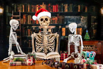 Dad skeleton reading to children skeletons on Christmas eve in old library