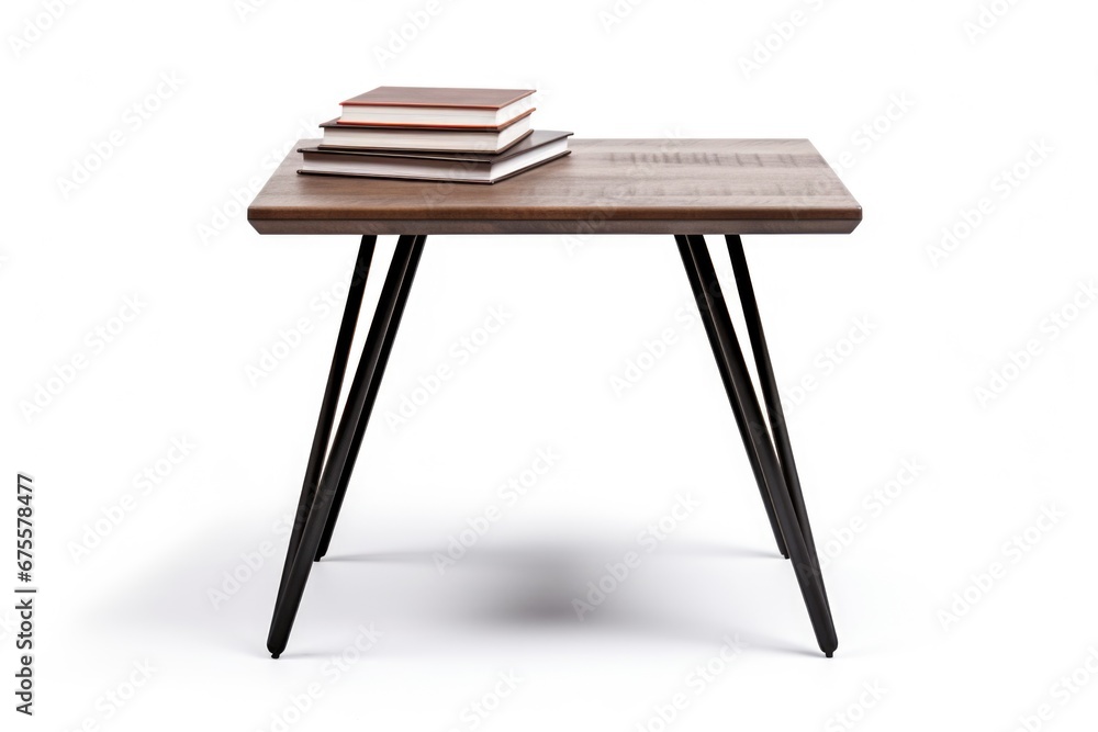 Poster a table with a stack of books on top of it.