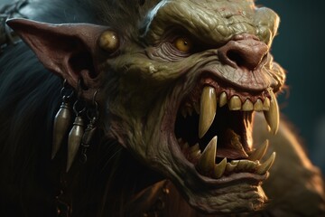 Character goblin, orc with sharp fangs