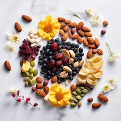 A variety of fruits and nuts arranged in a circle. Flat lay, top view from above.