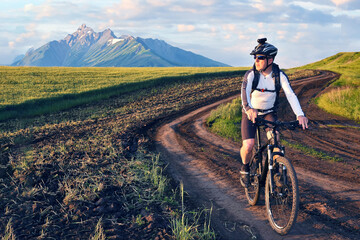 Fototapeta premium cyclist on bike rides along the fields of wheat in the sunlight