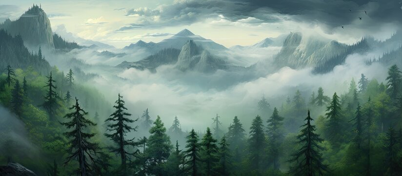 The lush green leaves of the towering tree against the backdrop of a dreamy sky creates a captivating illustration of the serene forest landscape where wood textures and mountainous terrain