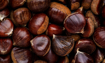 Fresh edible chestnuts, autumn harvest, top view