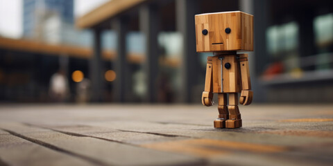 A wooden robot standing on a sidewalk in front of a building. Blurred city, urban background.