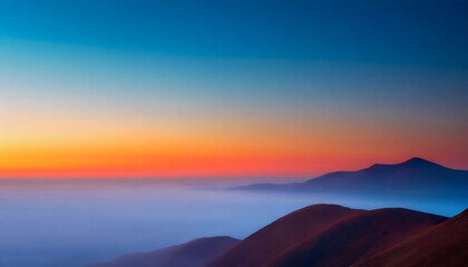 Obraz premium A stunning landscape reveals mist-shrouded mountains beneath a vibrant sunrise, where blue merges with vibrant orange hues.serene beauty of dawn, inspiring adventure and contemplation. ai generated