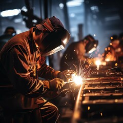 welder at work, In a bustling metal factory, welders are working on metal construction