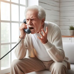 Angry old man complaining because he doesn't accept and shouting loudly on the phone with the company in his home, people concept, generative ai
