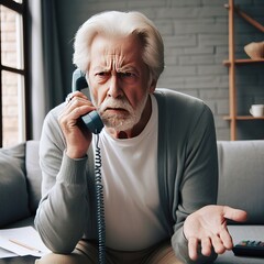 Angry old man complaining because he doesn't accept the conditions on the phone with the company at his home, people concept, generative ai - obrazy, fototapety, plakaty