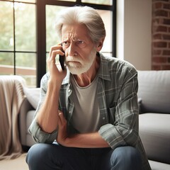 Angry old man complaining because he doesn't accept the conditions on the phone with the company at his home, people concept, generative ai