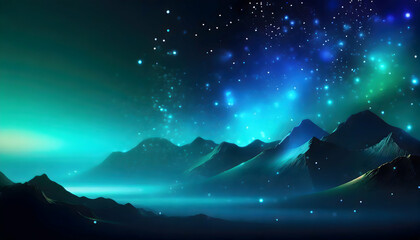 abstract mountain waves illuminated by bioluminescent radiance. Against a celestial backdrop, stars and space converge in tranquil shades of blues and green. conveys the allure of cosmic. ai generated