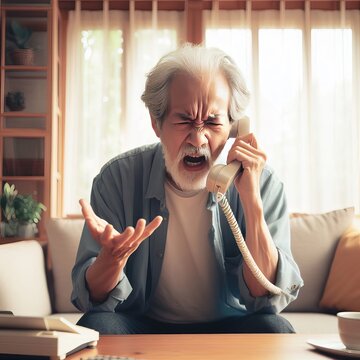 Angry old man complaining because he doesn't accept and shouting loudly on the phone with the company in his home, people concept, generative ai