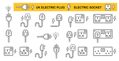 UK electric plug socket, British electrical power outlet, electro equipment wire connection line icon set. English three pin ac cable. Electricity energy. Appliance cord. Wall current switch. Vector