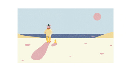 Web single father with kid looking to sunset or sunrise at the beach.Father take care of his duaghter.Modern and diverse family