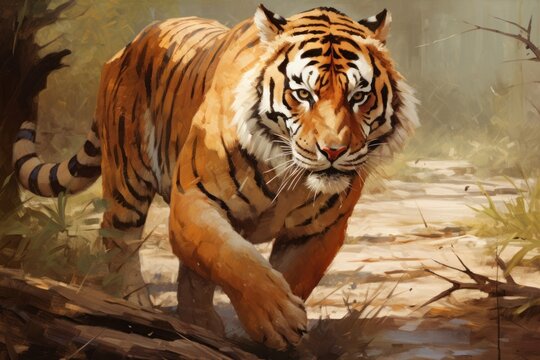 Bengal tiger in oil painting style. Tiger walking among the forest. Beautiful background, decorative wall decoration, postcard, poster, banner design.