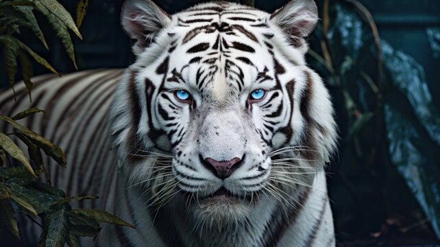 White bengal tiger. Free wild tiger in natural habitat in jungle. Proud look. Strength and power of wild beast. Hunter. Noble proud animal. Symbol of freedom. Beautiful background for design. Close up