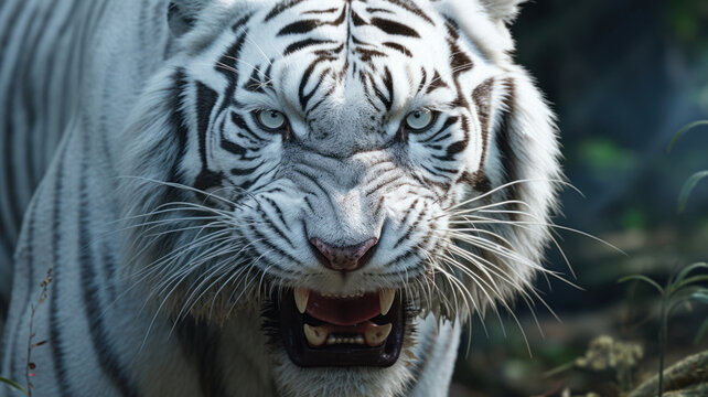 White bengal tiger. Free wild tiger in natural habitat in jungle. Proud look. Strength power of wild beast. Predator. Noble proud animal. Symbol of freedom. Beautiful background for design. Close up.