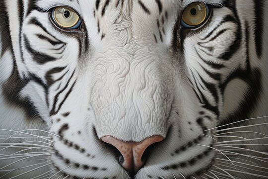 White bengal tiger. Free wild tiger, macro. The gaze of piercing eyes. Strength and power of wild beast. Noble proud animal. Symbol of freedom. Beautiful background for design.