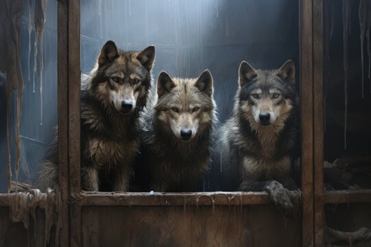 Wild wolves in captivity. Dirty, skinny, sick wolves in poor conditions in zoos, circuses, live in deplorable conditions. Animal abuse.